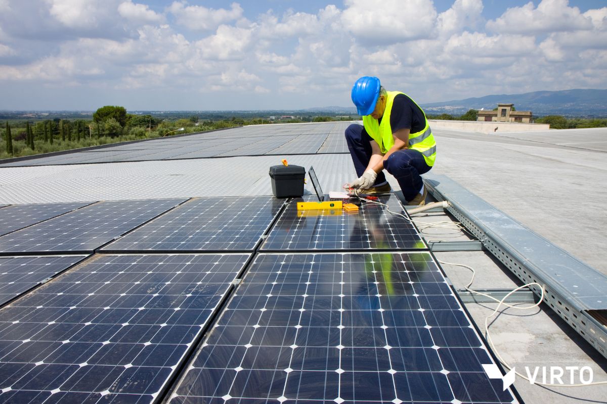 solar panels on rooftop with cables and cable tray