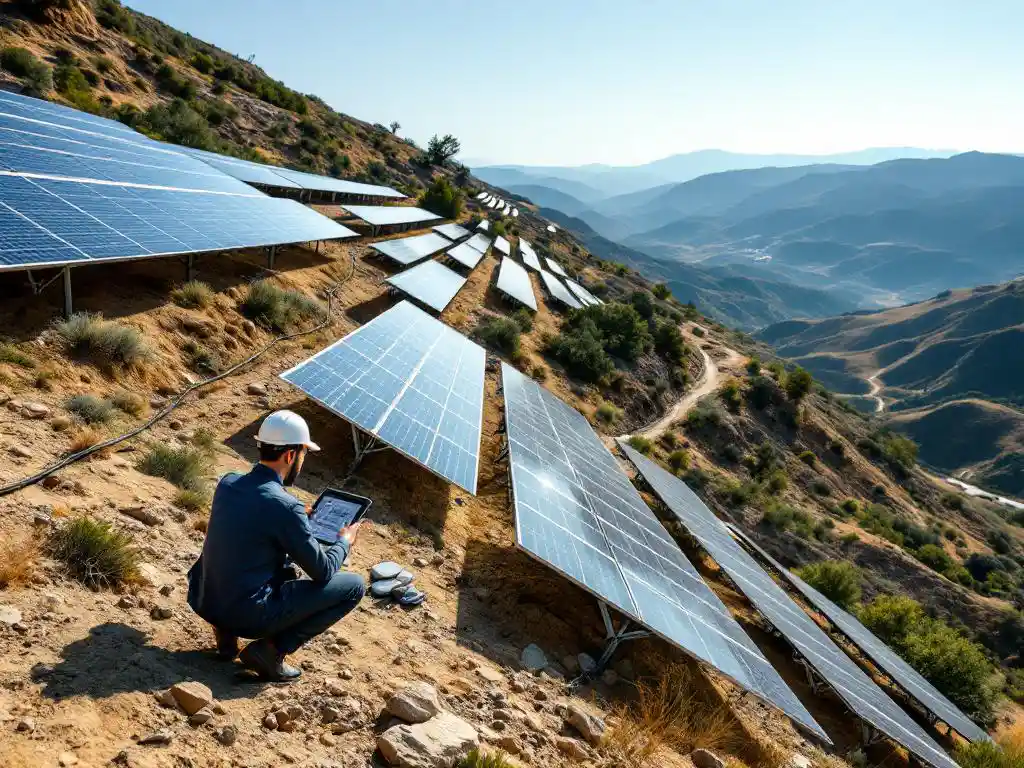 Utility-scale solar farm on steep hillside with terraced panels following natural contours, engineer surveying with tablet