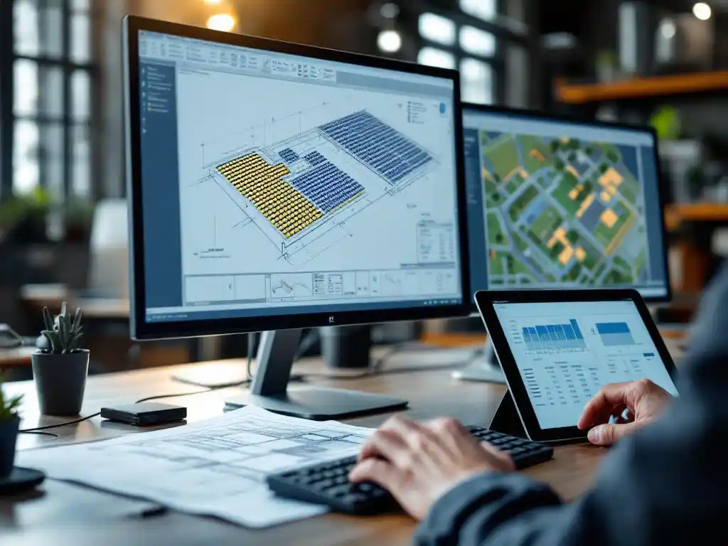 PV engineer typing on keyboard at dual monitors displaying AutoCAD solar array layouts with tablet showing design calculations