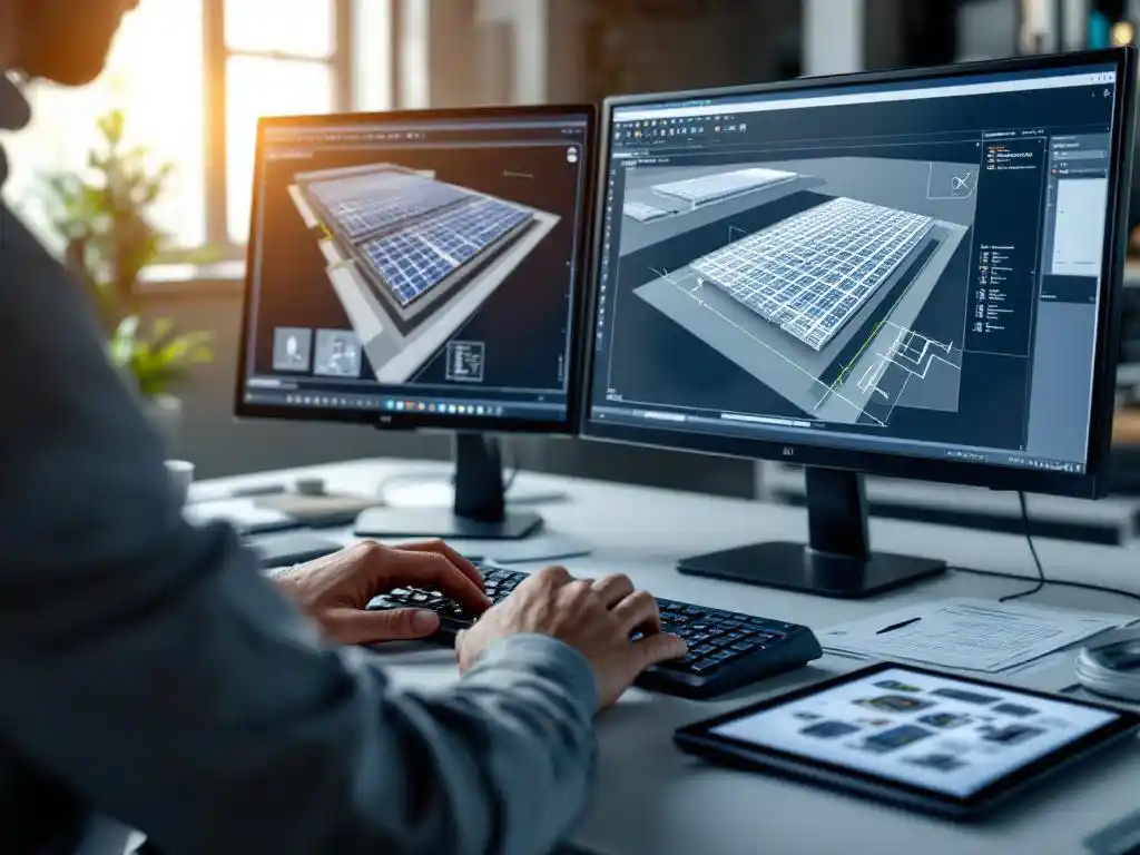 PV engineer at workstation reviewing solar array layouts on dual monitors displaying AutoCAD software and 3D terrain modeling data