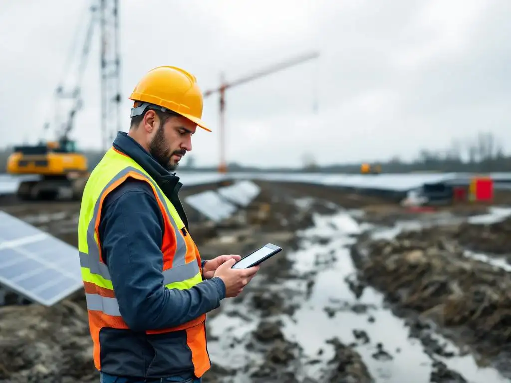 Construction foreman in hard hat checking tablet at stalled solar farm project with idle crane and muddy conditions