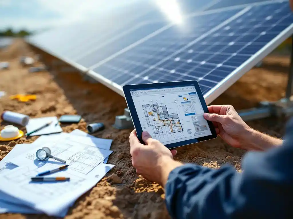 Solar engineer adjusting mounting brackets on ground-mount solar panel array with tablet showing AutoCAD drawings nearby