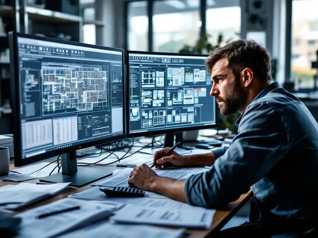 Solar engineer working at desk with dual monitors showing AutoCAD layouts, technical drawings, and solar panel component specifications