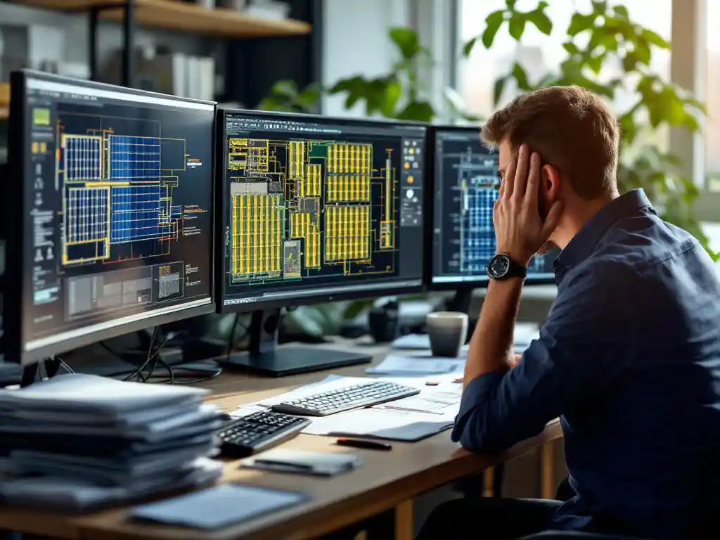 PV engineer reviewing solar array CAD designs on dual monitors with technical documents scattered on desk in modern office