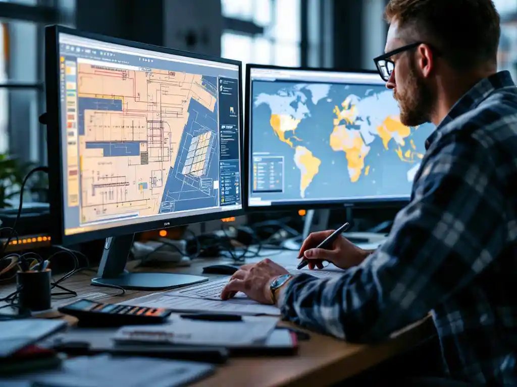Solar engineer working at dual monitors displaying AutoCAD electrical diagrams with calculator and technical notebooks on desk.