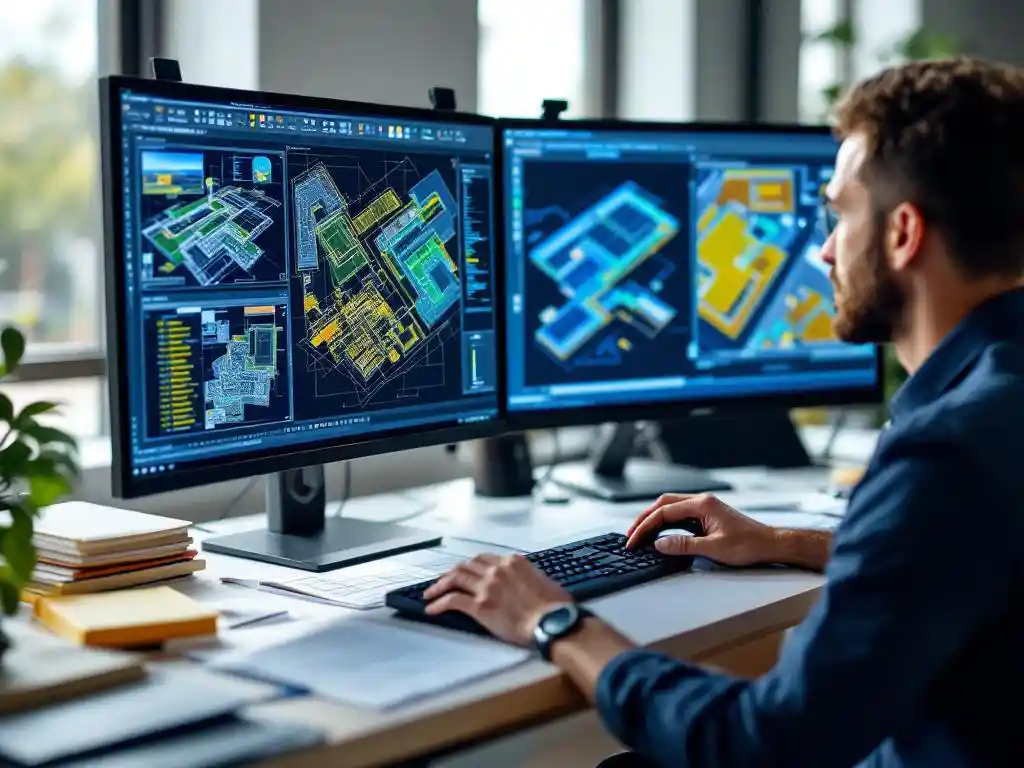 PV engineer working at dual-monitor workstation displaying AutoCAD solar farm layouts and technical documentation