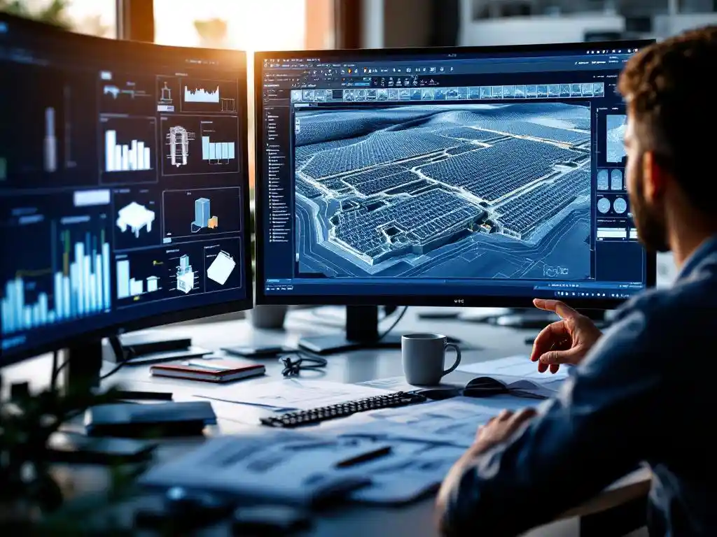Solar engineer working at CAD workstation designing utility-scale solar farm layout on multiple monitors in modern office