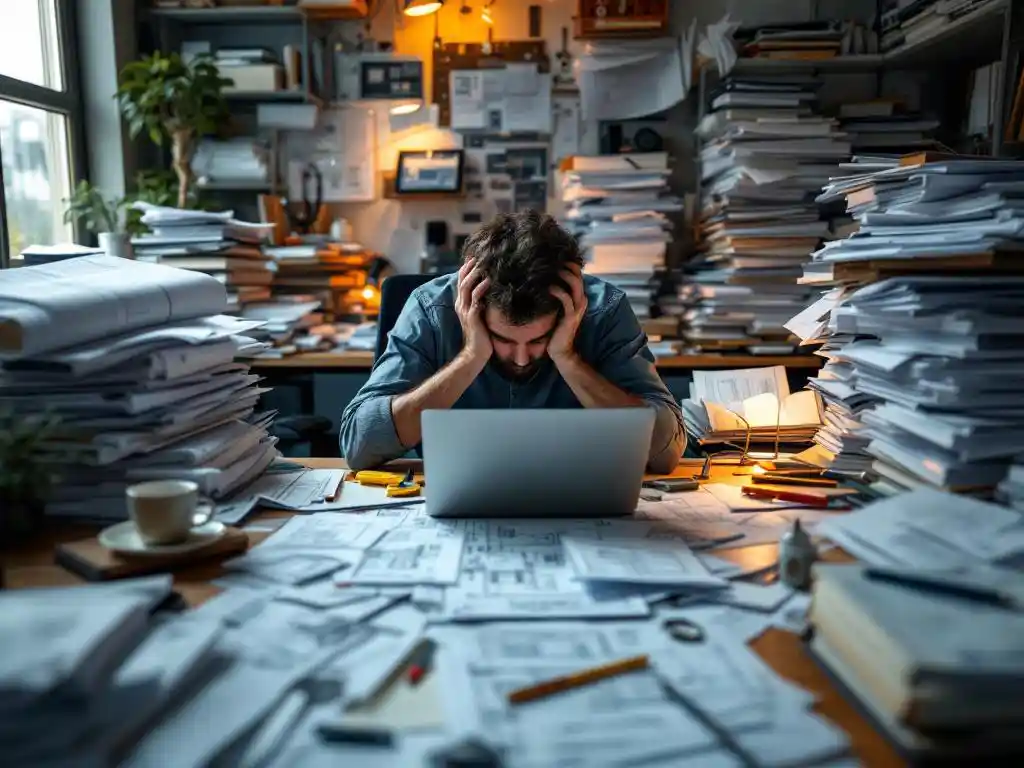 Solar project engineer working at cluttered desk with scattered CAD drawings, technical documents, and laptop displaying AutoCAD