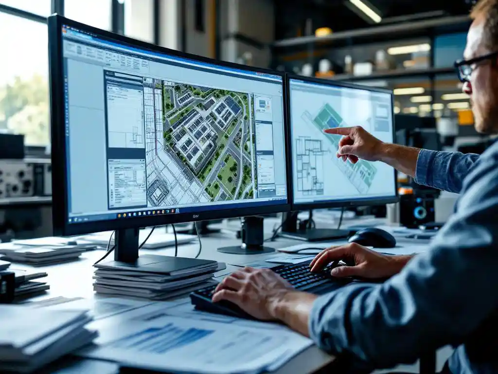 Two engineers collaborating on AutoCAD solar farm layouts at workstation with multiple monitors displaying 25 MW project plans