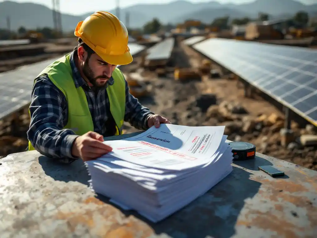 Solar project engineer reviewing budget revision documents at construction site table with delayed solar array installation in background.