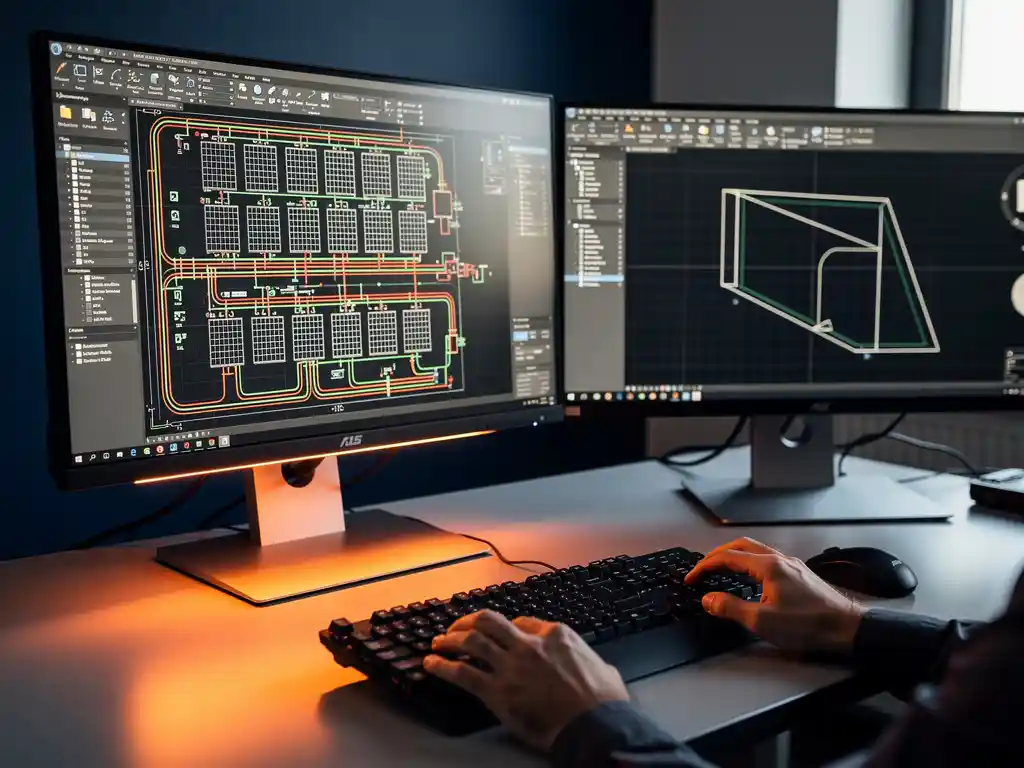 PV engineer's hands on keyboard with dual monitors displaying AutoCAD solar array layout and stringing diagrams in a modern workspace.