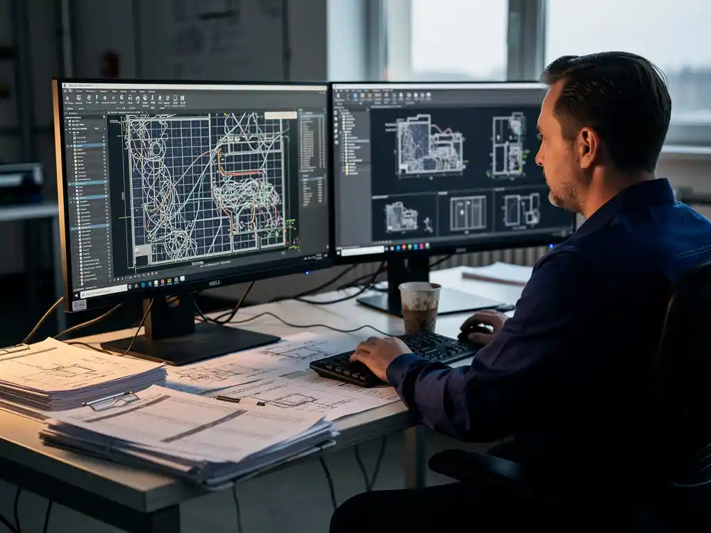 PV engineer reviewing AutoCAD solar layout on dual monitors surrounded by BOM spreadsheets, revision notes, and a coffee cup during a complex stringing design session.