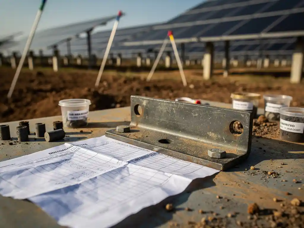 Crumpled cost estimate spreadsheet pinned under a steel bracket on a dusty site table, with solar array construction and survey stakes in the background.