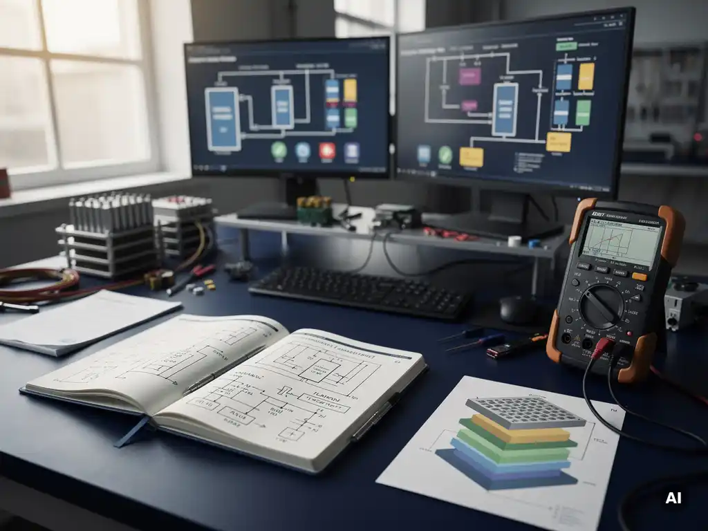 Solar engineer's desk with open notebook showing battery capacity calculations, multimeter, and cell cross-section diagram, with energy storage schematics on monitors behind.