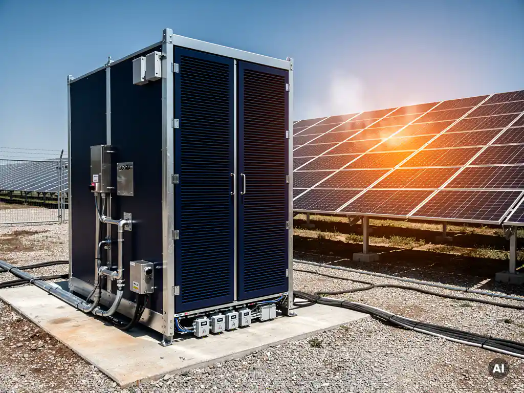 Industrial BESS cabinet with cooling vents and cable management installed beside a utility-scale solar array in midday sunlight.