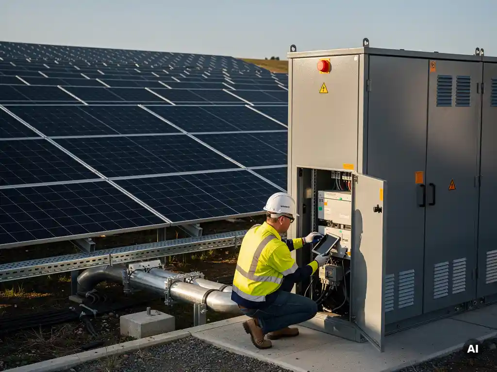 Engineer reviewing documentation beside a utility-scale BESS enclosure connected to a ground-mount solar array with cable conduits running between inverter stations.