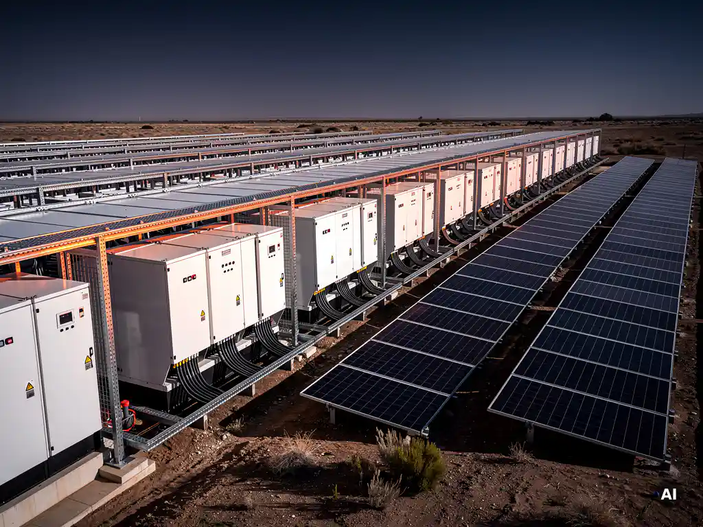 Utility-scale BESS white cabinets connected to a solar array via DC cabling on flat arid terrain under sharp midday sunlight.