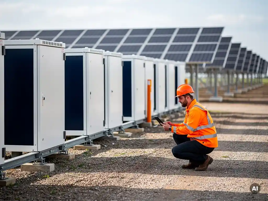 Engineer in orange safety vest reviewing specs on tablet beside white BESS cabinets and ground-mount solar array at a commercial energy storage site.
