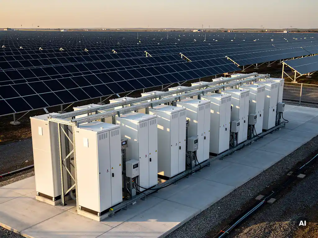 White BESS cabinet enclosures on concrete pad beside utility-scale solar farm with arrays stretching to the horizon in warm morning light.