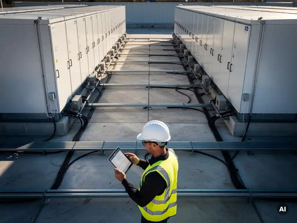 Engineer in hard hat reviewing tablet documentation in front of rows of white industrial battery energy storage system cabinets on a utility pad.