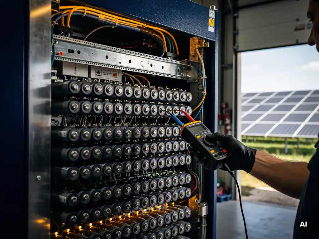 Engineer testing battery cells with a digital multimeter inside an open utility-scale battery energy storage system cabinet, solar farm visible in background.