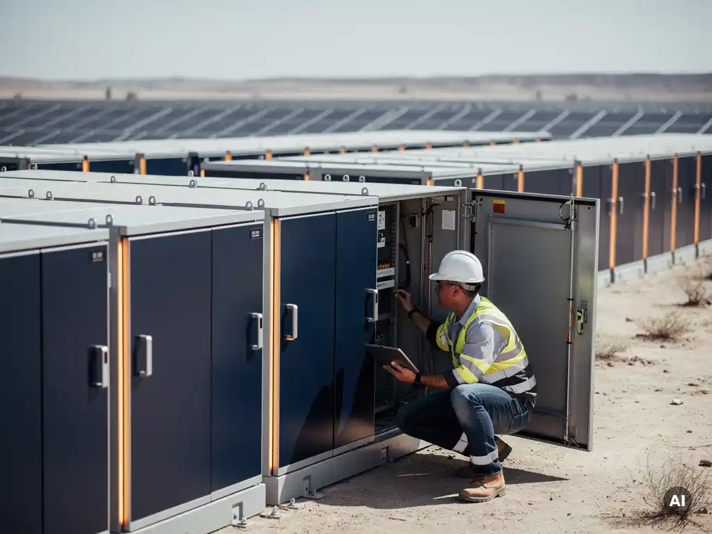Engineer inspecting a utility-scale BESS cabinet with a tablet beside a large solar array in arid terrain.