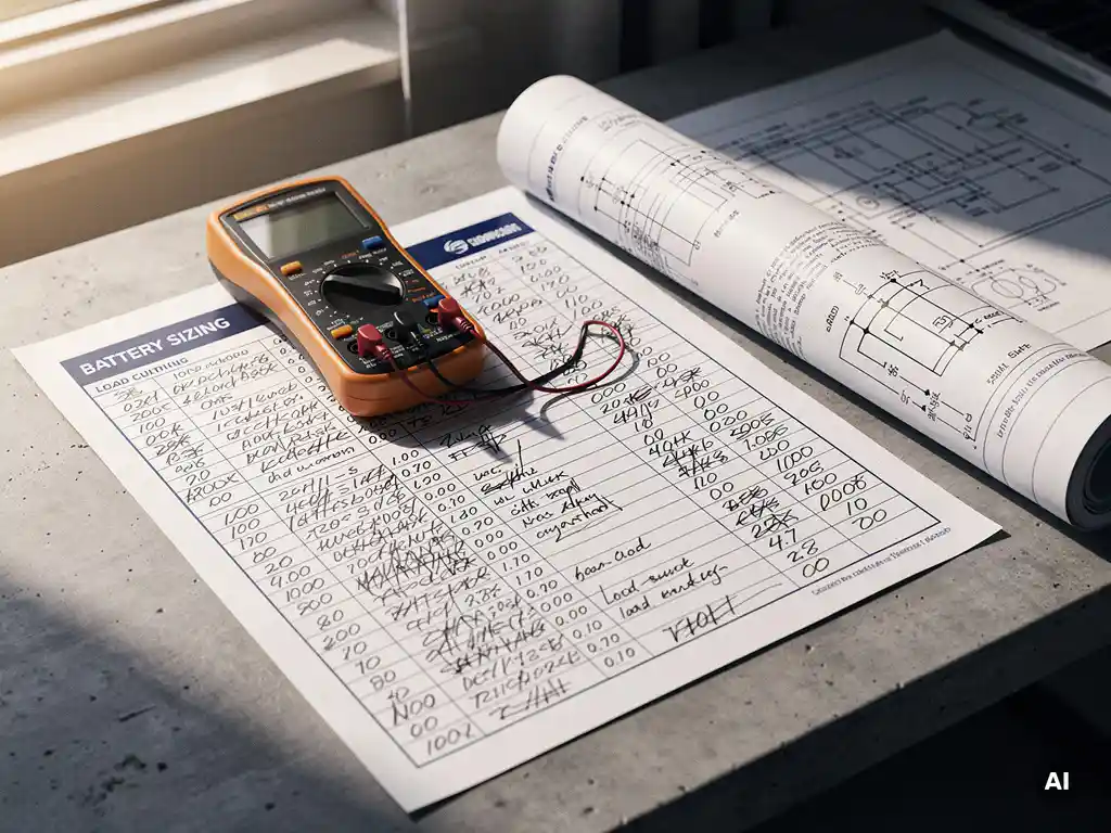 Solar engineer's desk with handwritten battery sizing worksheet, digital multimeter, and electrical single-line diagram in warm window light.