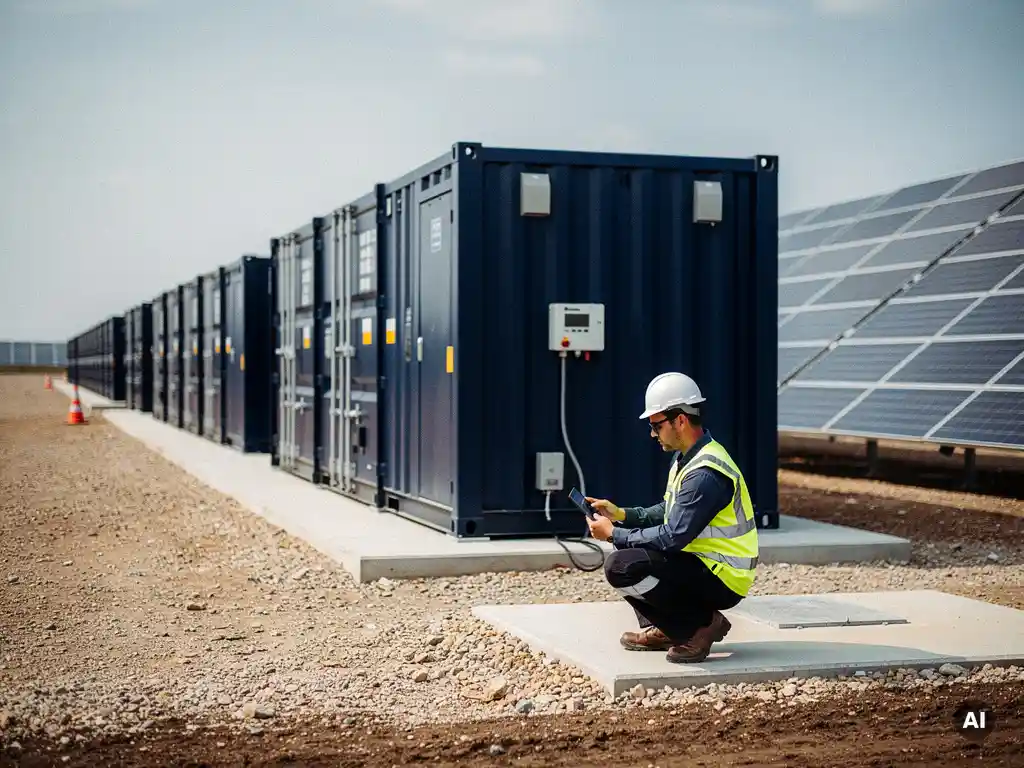 Engineer reviewing specs on tablet at utility-scale BESS installation, navy battery storage containers beside solar array on flat industrial site.