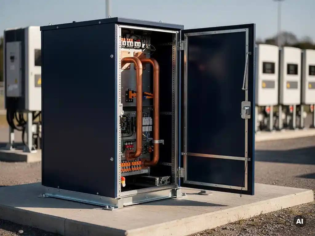 Utility-scale battery energy storage cabinet with copper busbars and power conversion hardware beside solar inverters on a concrete equipment pad.