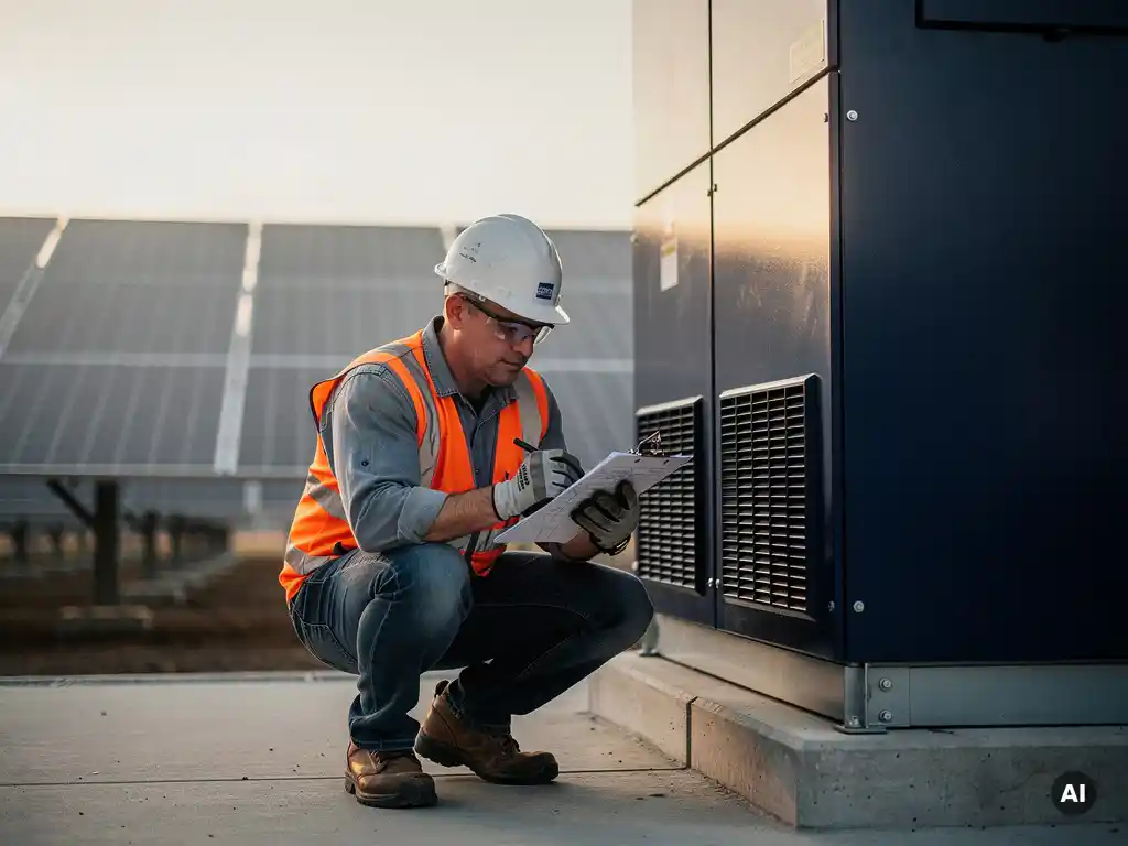 Field engineer reviewing battery capacity calculations beside a utility-scale storage unit, rows of solar panels stretching to the horizon behind.