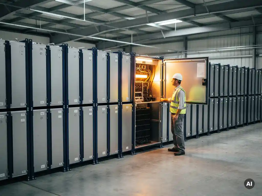 Engineer inspecting an open module panel of stacked utility-scale battery energy storage units with silver enclosures and navy framing.