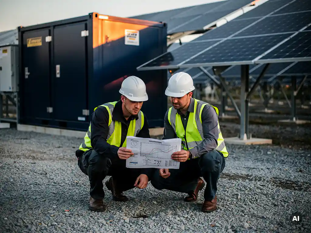 Two engineers examining battery storage capacity specs beside a utility-scale solar array and grid-scale BESS installation.