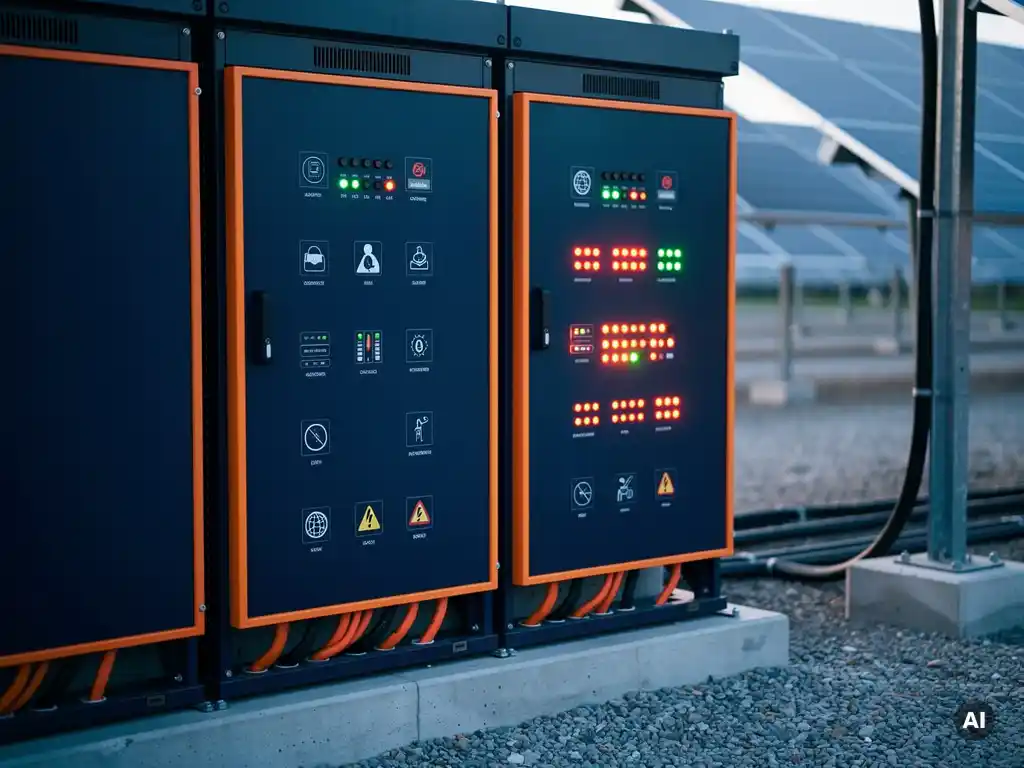 Industrial battery storage unit beside a utility-scale solar inverter, one side operational and one showing warning indicators, on a ground-mount solar site.