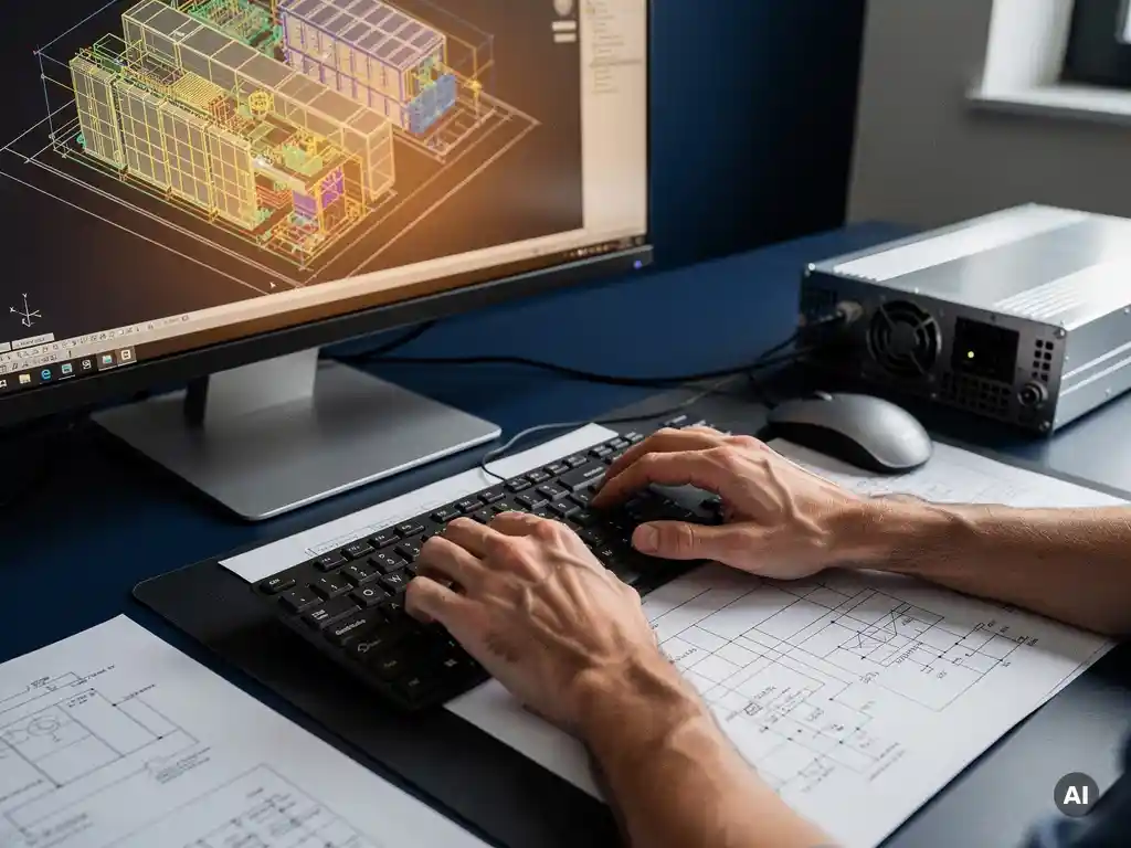 Solar engineer designing a battery storage system in AutoCAD, with printed electrical schematics and a steel battery module on the desk.