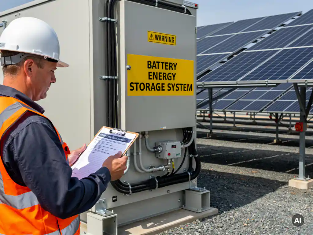 PV engineer in hard hat reviewing compliance documents beside a yellow safety placard on a utility-scale BESS enclosure, solar panels in background.
