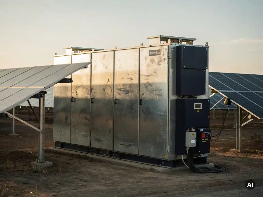 Industrial battery storage unit beside a utility-scale solar array with ground-mount panels stretching to the horizon in warm morning light.