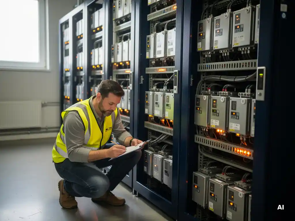 Solar engineer reviewing specs beside a large lithium battery bank with navy cabinet panels and amber indicator lights in a utility room.