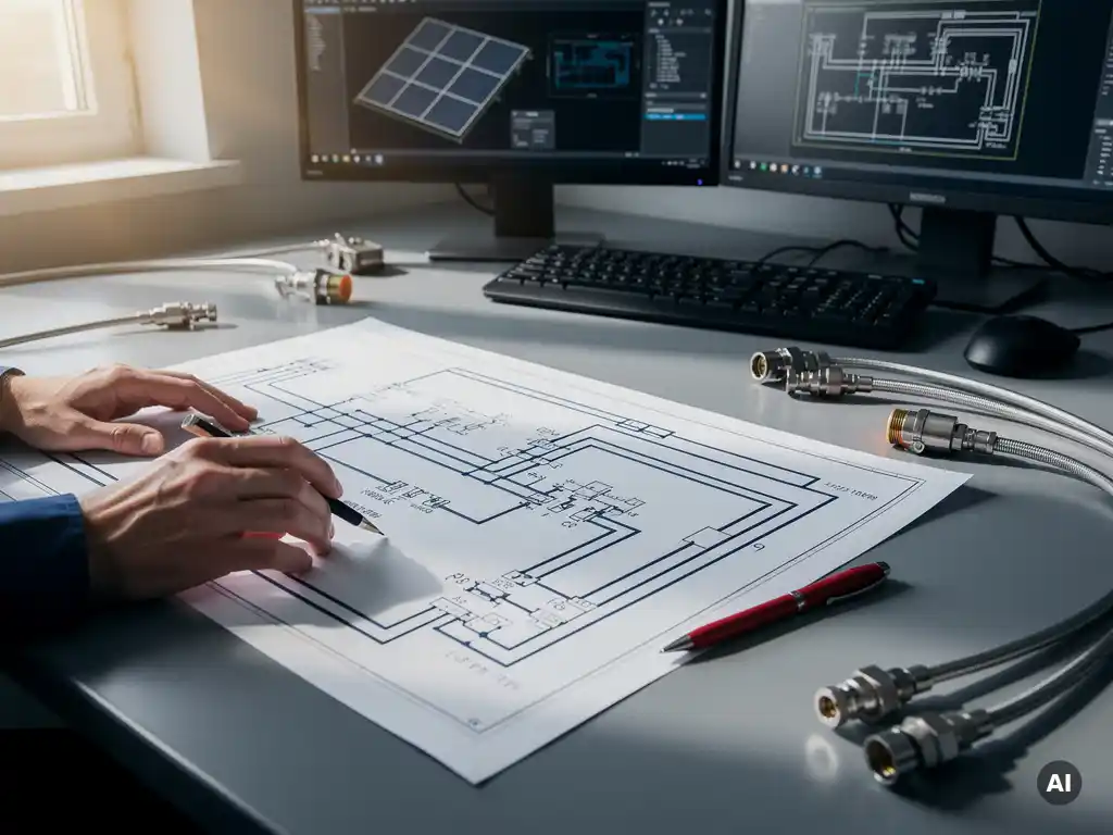 PV engineer reviewing printed AC single-line electrical diagram at desk, AutoCAD solar plant layout on dual monitors, red pen and cable connectors nearby.