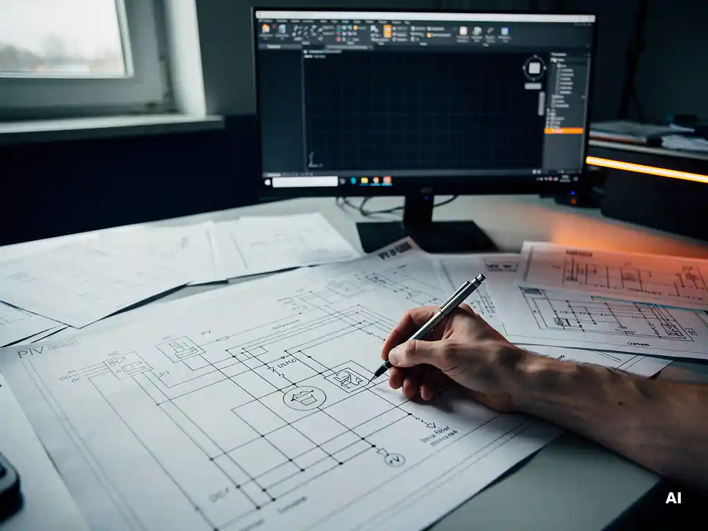 PV engineer sketching a battery storage symbol on a technical wiring diagram, with electrical schematics and AutoCAD visible in background.
