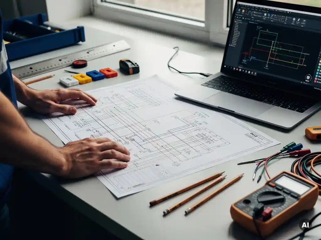 PV engineer reviewing printed electrical wiring diagram beside a laptop displaying AutoCAD single-line schematics on a cluttered engineering desk.