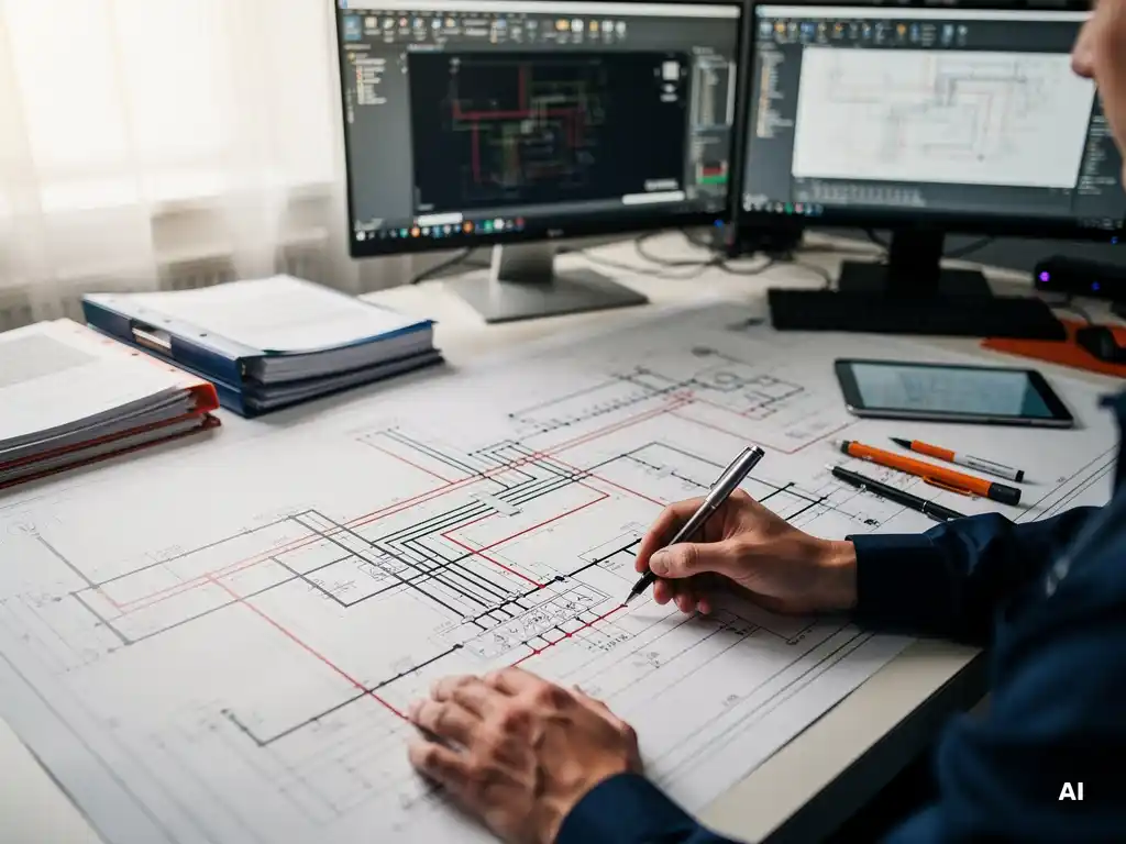 PV engineer reviewing solar electrical wiring schematic on drafting desk with AutoCAD monitors and red-black cable routing diagrams visible.