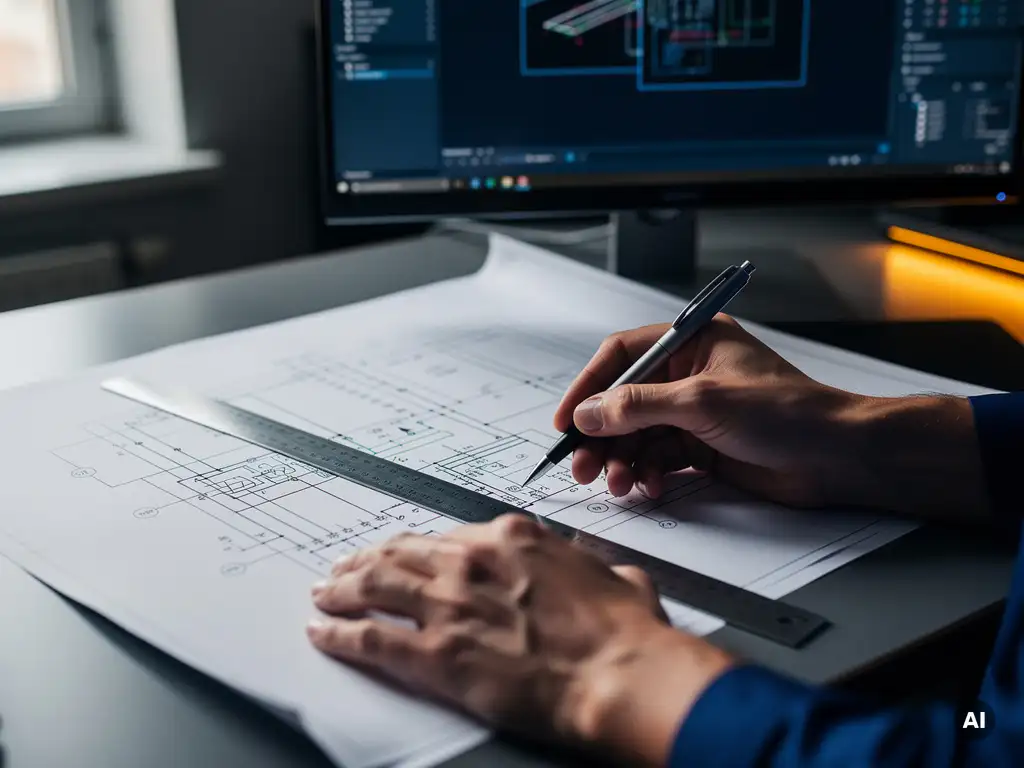 PV engineer reviewing a printed single-line electrical diagram on a desk, with AutoCAD on a monitor, technical pen, and ruler nearby.