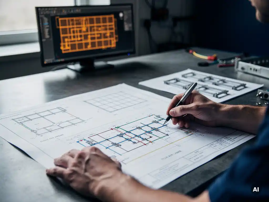 PV engineer tracing a solar stringing diagram on a large technical printout, with AutoCAD solar layout glowing on a monitor in the background.