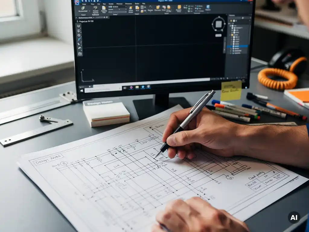 PV engineer annotating printed electrical wiring diagram at a cluttered technical desk, with a revised schematic overlapping and AutoCAD visible on a background monitor.