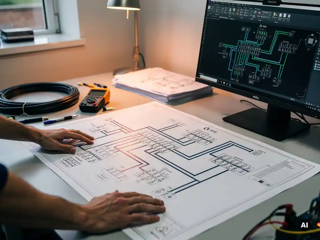 PV engineer reviewing printed solar wiring diagram with cable routing and string configurations, AutoCAD visible on monitor in background.