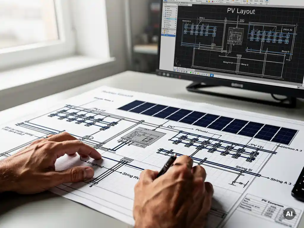 PV engineer's hands reviewing a solar electrical wiring schematic with cable routing annotations, AutoCAD visible on monitor in background.