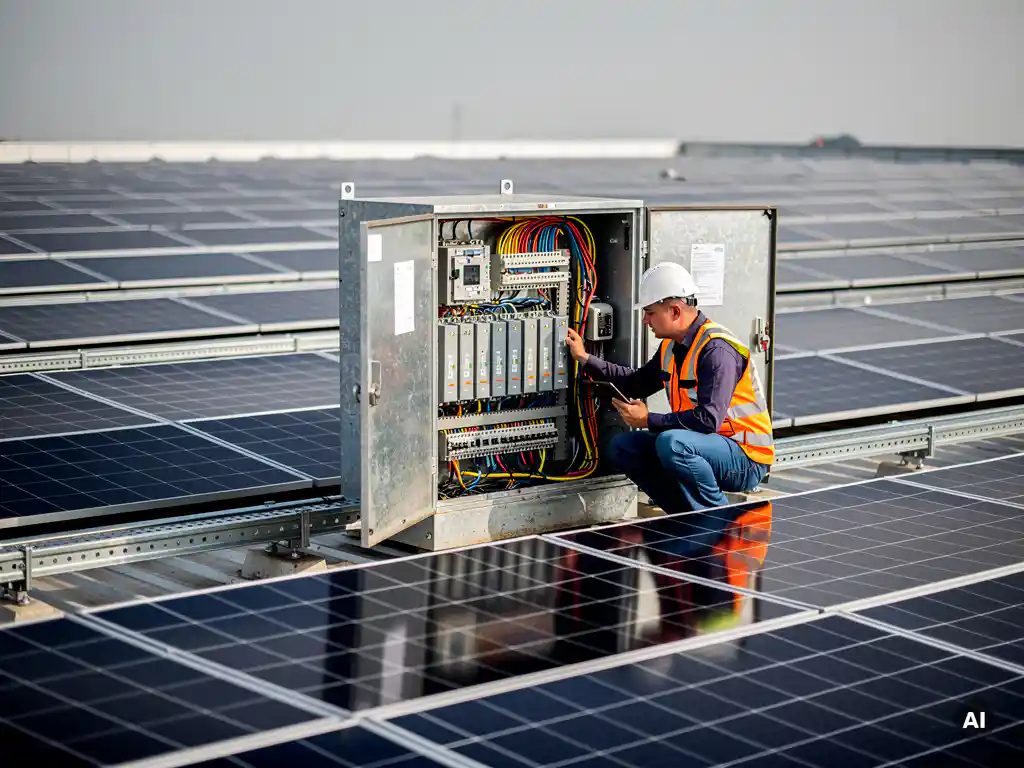 Engineer inspecting battery storage wiring on a commercial rooftop solar panel installation during mid-morning.