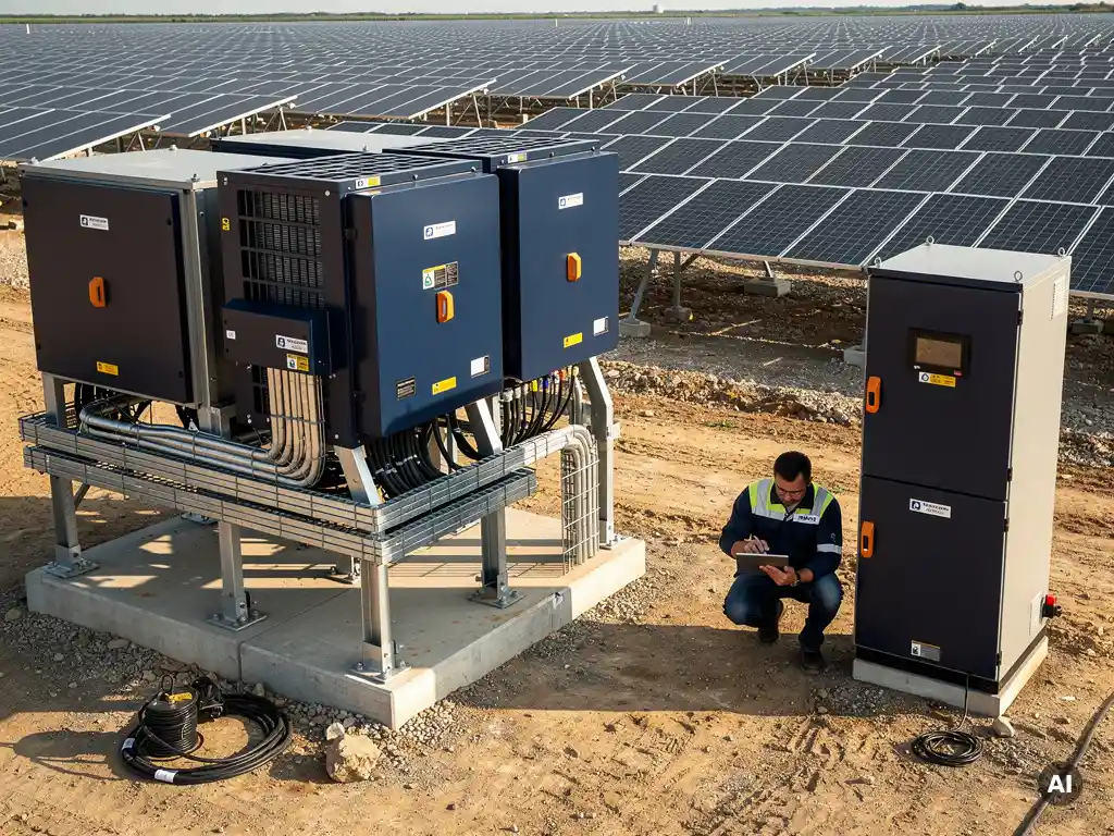 Engineer reviewing tablet documentation beside battery storage cabinet at utility-scale solar array with ground-mount panels stretching to horizon.