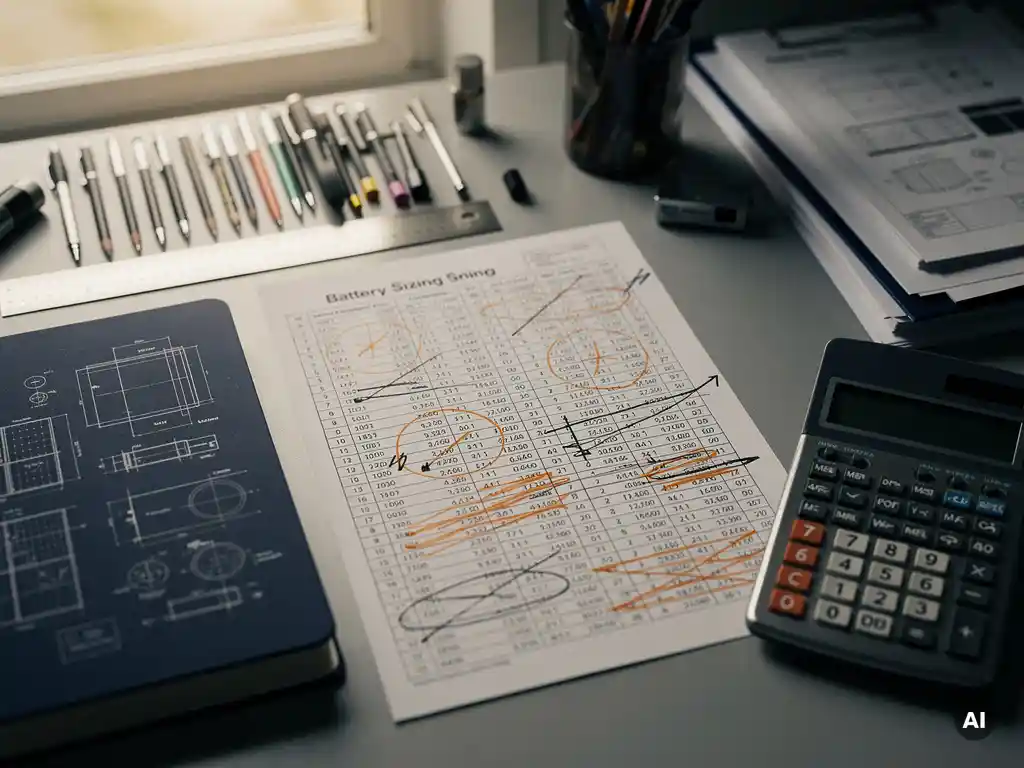 Solar engineer's desk with annotated battery sizing spreadsheet, handwritten corrections in orange, scientific calculator, and open navy engineering notebook.