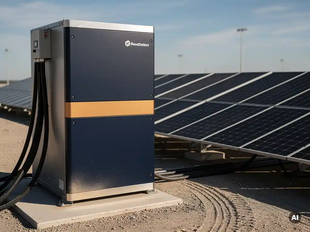 Lithium battery storage unit connected by cables to a ground-mounted 10kW solar array at an industrial site in mid-morning daylight.